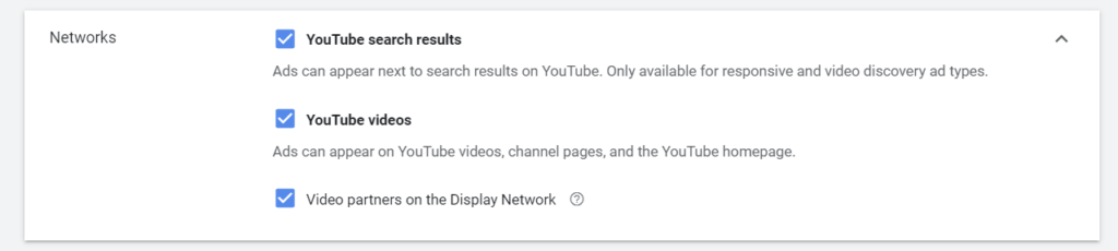 google ads video reklaminda sebeke secimi, networks settings on google ads video campaign